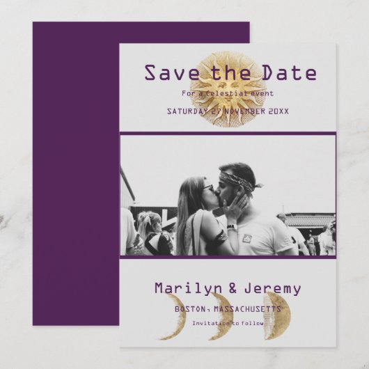 Grunge Foto Lila Zodiac Flat Save the Date (Vorne/Hinten)