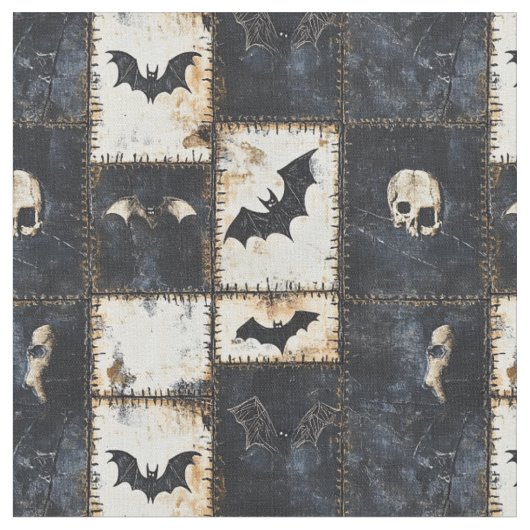 Grunge Gothic Bats & Skulls Denim Muster Stoff (Nahaufnahme)