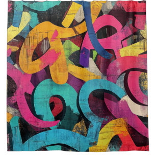 Grunge Graffiti Abstrakt in Rosa Gelb Blau Duschvorhang