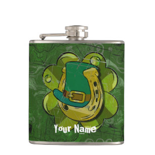 Grunge Green Clover, Hut und Rosehoe Grunge Flachmann