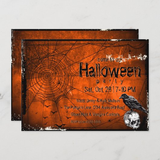Grunge Halloween Spinnennetze, Raven & Skull Einladung (Vorne/Hinten)