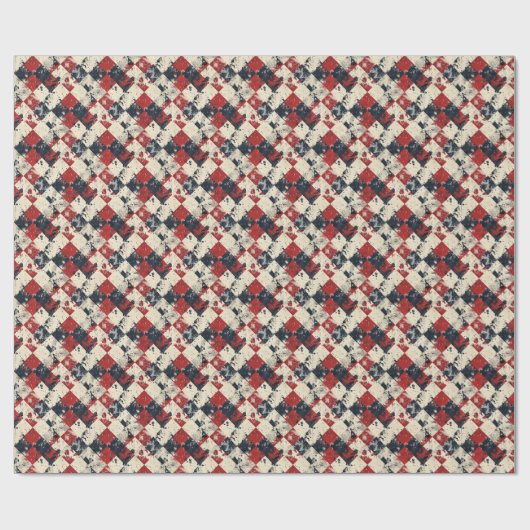 Grunge Harlequin Diamond Pattern Red and Navy Geschenkpapier (Flach)