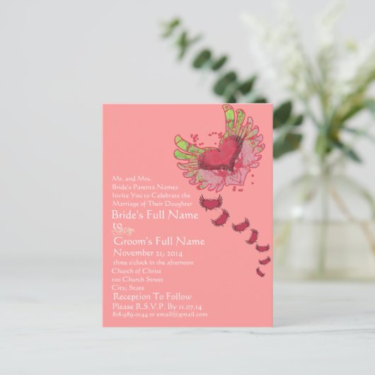 Grunge Herz Himbeere Pink Hochzeitseinladung Einladungspostkarte (Stehend Vorderseite)