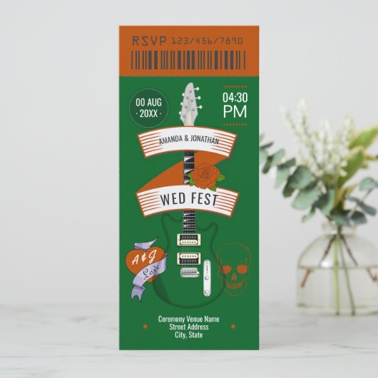 Grunge Love Rock ’n’ Roll Wedding Ticket Einladung (Stehend Vorderseite)