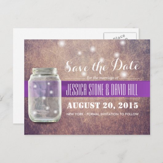 Grunge Mason Jar & Fireflies Save the Date Ankündigungspostkarte (Vorne/Hinten)