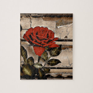 Grunge Not leidendes Barholz Rustikale Rote Rose Puzzle