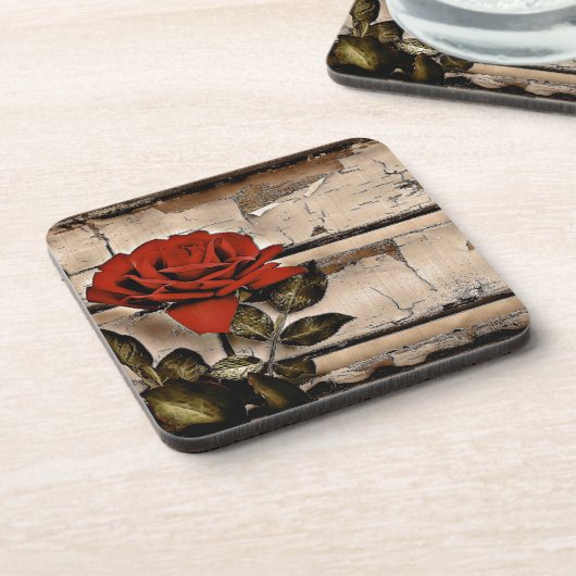 Grunge Not leidendes Barholz Rustikale Rote Rose Untersetzer (Linke Seite)
