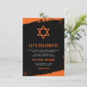 Grunge Orange Black Bar Mitzvah Empfang Einladung (Stehend Vorderseite)
