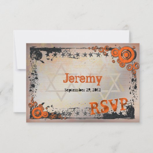 Grunge Orange, Schwarz, Grau Bar Mitzvah RSVP Card Karte (Vorderseite)