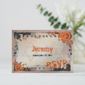 Grunge Orange, Schwarz, Grau Bar Mitzvah RSVP Card Karte (Stehend Vorderseite)