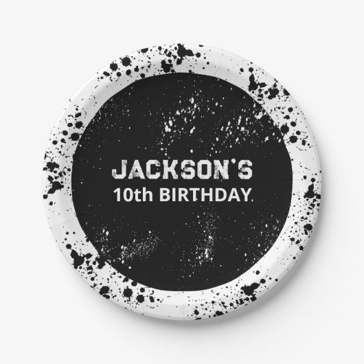 Grunge Paint Splatter Black & White Birthday Pappteller (Vorderseite)
