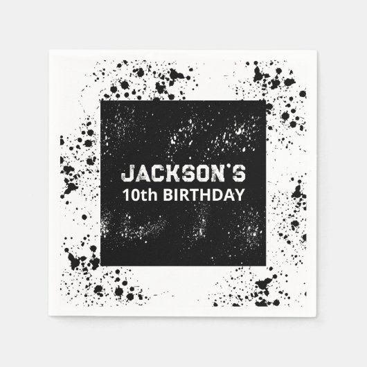 Grunge Paint Splatter Black & White Birthday Serviette (Vorderseite)