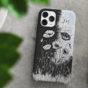 Grunge Poppy Schwarz-weiß Monogram Individuelle Na iPhone 16 Hülle