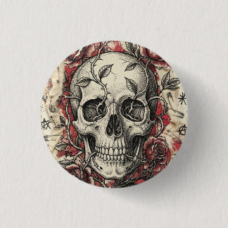 Grunge-Punk-Totenkopf-und-Rosen-Illustration Button