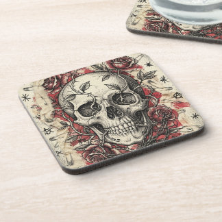 Grunge-Punk-Totenkopf-und-Rosen-Illustration Getränkeuntersetzer