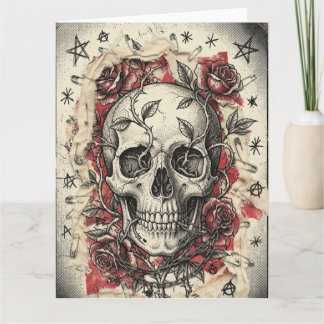 Grunge-Punk-Totenkopf-und-Rosen-Illustration Karte