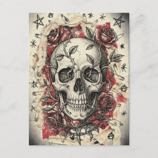 Grunge-Punk-Totenkopf-und-Rosen-Illustration Postkarte