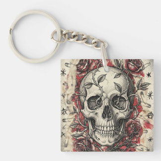 Grunge-Punk-Totenkopf-und-Rosen-Illustration Schlüsselanhänger