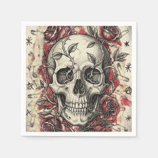 Grunge-Punk-Totenkopf-und-Rosen-Illustration Serviette