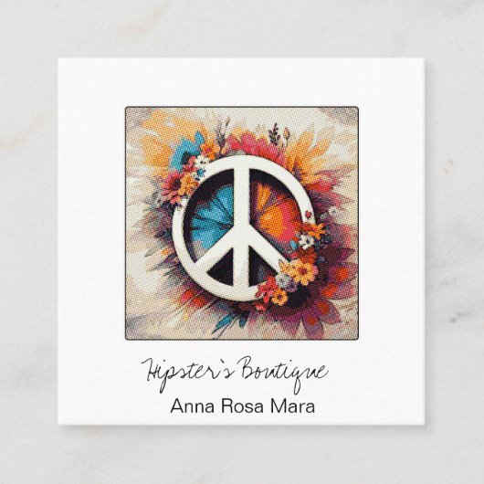 *~* Grunge QR Peace Symbol Blume Boho AP57 Quadratische Visitenkarte (Vorderseite)