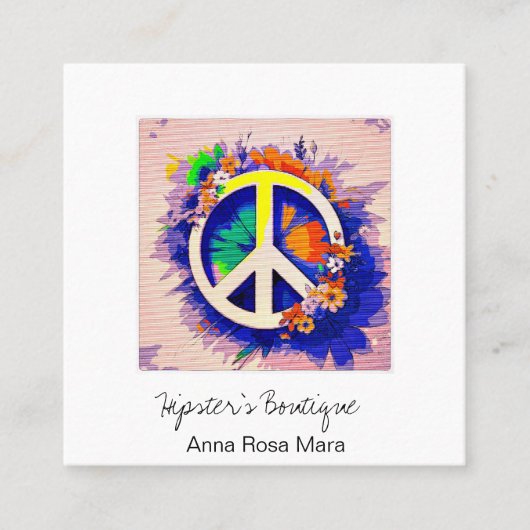 *~* Grunge QR Peace Symbol Floral Boho AP57 Quadratische Visitenkarte (Vorderseite)
