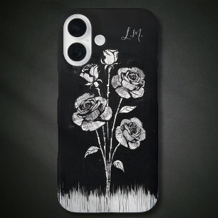 Grunge-Rosen Schwarz-Weiß-Monogramm Benutzerdefini iPhone 16 Hülle