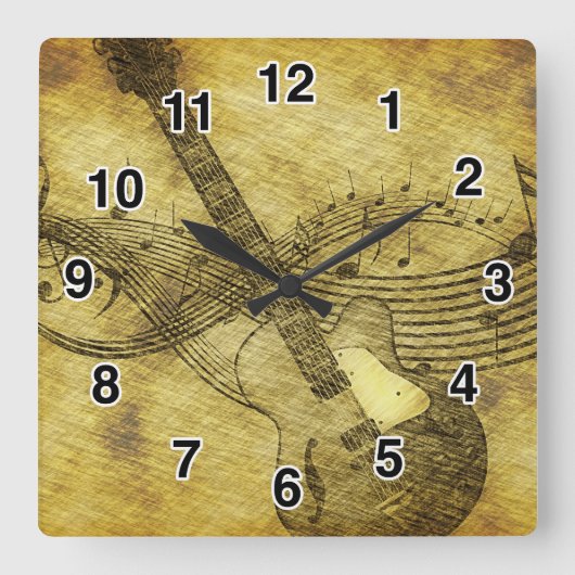 Grunge Rustic Guitar Clock Quadratische Wanduhr (Vorderseite)