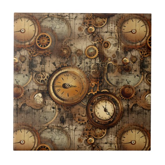 Grunge Rustikale Steampunkuhr (3) Fliese (Vorderseite)