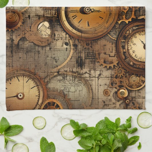 Grunge Rustikale Steampunkuhr (3) Geschirrtuch (Gefaltet)