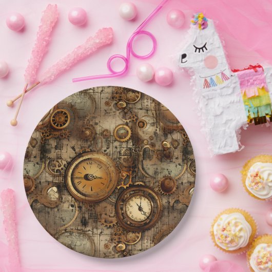 Grunge Rustikale Steampunkuhr (3) Pappteller (Party)