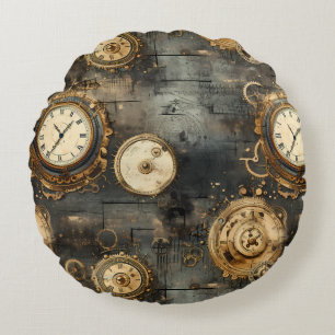 Grunge Rustikale Steampunkuhr (8) Rundes Kissen