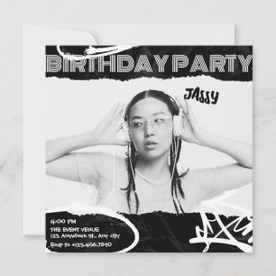 Grunge Schwarz/Weiß Foto Geburtstag Einladung