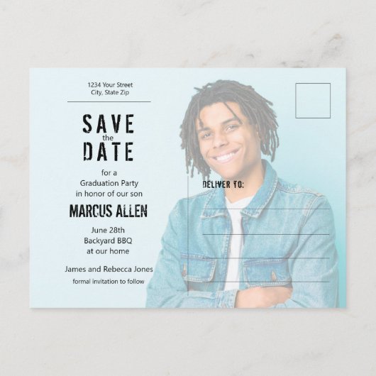 Grunge Script Foto Graduate Save the Date Postkarte (Rückseite)