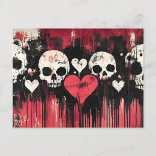 Grunge Skull and Hearts - Bold Red and Black Art Postkarte