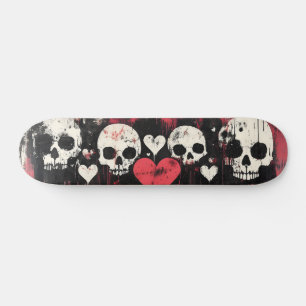 Grunge Skull and Hearts - Bold Red and Black Art Skateboard