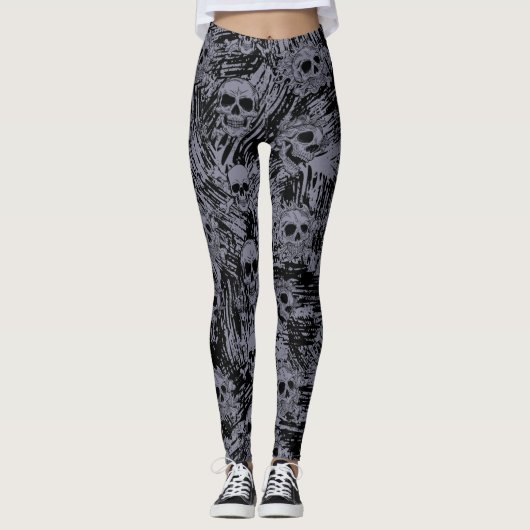 Grunge Skull Knochen Muster Schwarz Graues Hallowe Leggings (Vorderseite)
