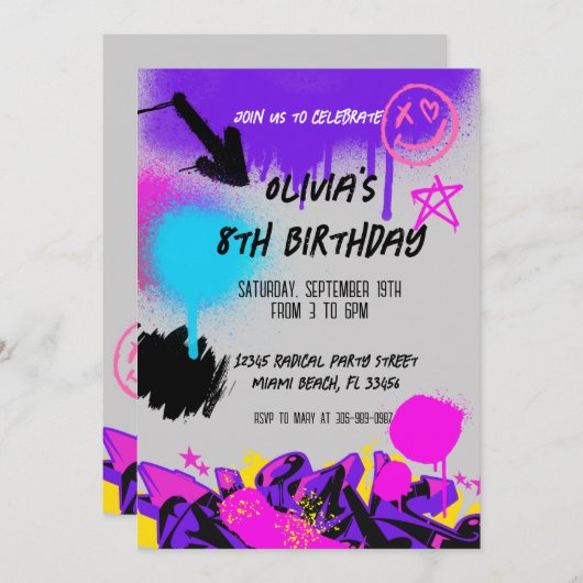 Grunge Spray Paint Graffiti Einladung zum Geburtst (Vorne/Hinten)