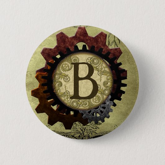 Grunge-Steampunk-Zahnräder Monogramm Buchstabe B Button (Vorderseite)