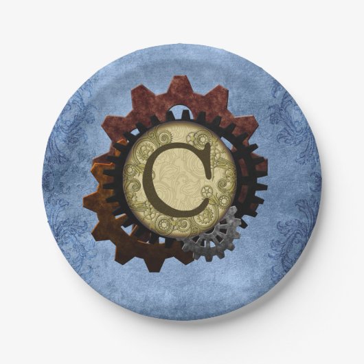 Grunge-Steampunk-Zahnräder Monogramm Buchstabe C Pappteller (Vorderseite)