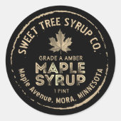Grunge Text Gold leaf Ahornsirup Etikett schwarz Runder Aufkleber (Vorderseite)