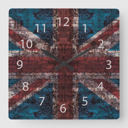 Grunge Union Jack auf Backstein Quadratische Wanduhr (Vorderseite)