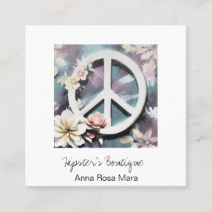 *~* Grunge Weiße Friedenszeichen Blumen Boho QR A Quadratische Visitenkarte