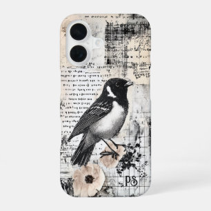 Grunge-Zeitungsvogel-Collage-Schrappbuch-Monogramm iPhone 16 Hülle
