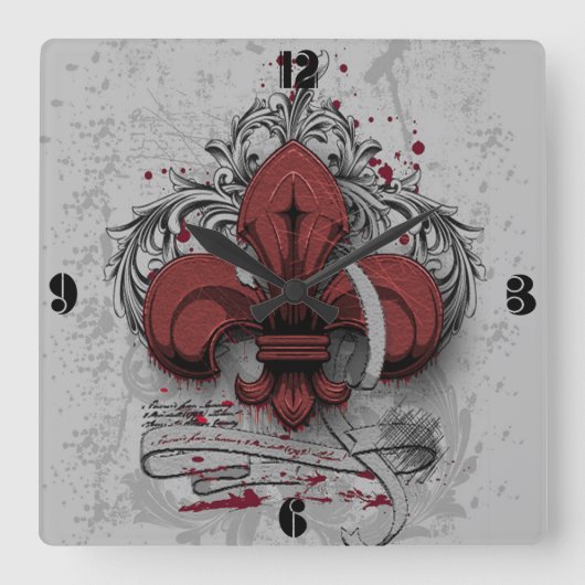 Grungeeffekte der Vintagen Lilie rote Metall Quadratische Wanduhr (Vorderseite)