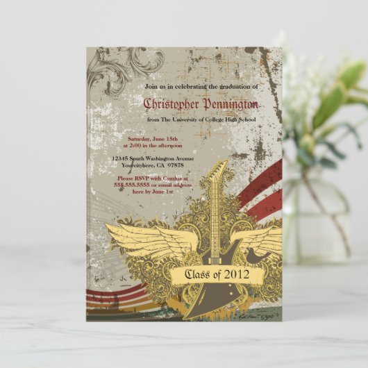 Grungegitarren-Abschluss-Partymitteilung Einladung (Stehend Vorderseite)