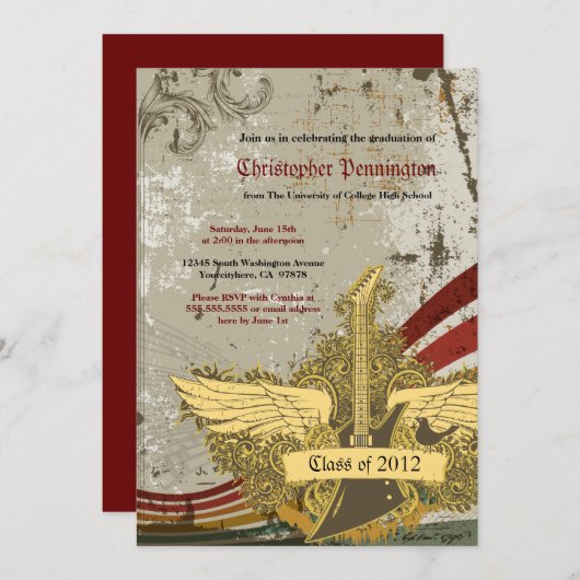 Grungegitarren-Abschluss-Partymitteilung Einladung (Vorne/Hinten)