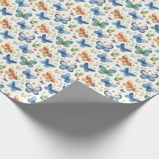 Grüngelbe blaue Schmetterlinge und Blume Geschenkpapier (Ecke)