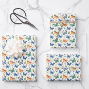 Grüngelbe blaue Schmetterlinge und Blume Geschenkpapier Set