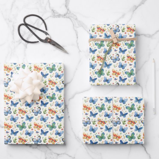 Grüngelbe blaue Schmetterlinge und Blume Geschenkpapier Set (Vorderseite)