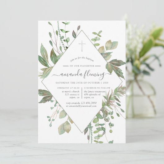 Grüngeometrische Taufe oder Weihnachten Einladung (Stehend Vorderseite)